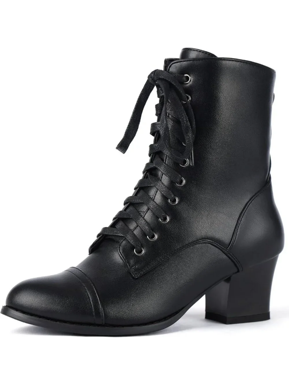 Chic Women's Victorian Lace-Up Ankle Boots with Side Zipper & Chunky Mid Heel